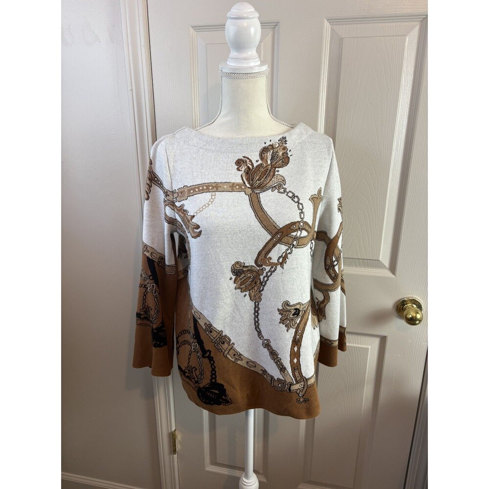 Chicos Equetrian Sweater Top Jacquard Boat Neck Pullover Coastal Old Money - 544